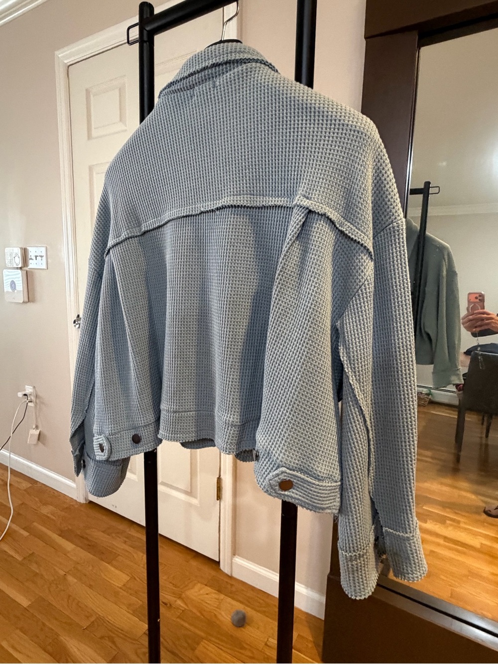 POL Women's Waffle Knit Overshirt Jacket - Light Blue - Picture 3 of 7